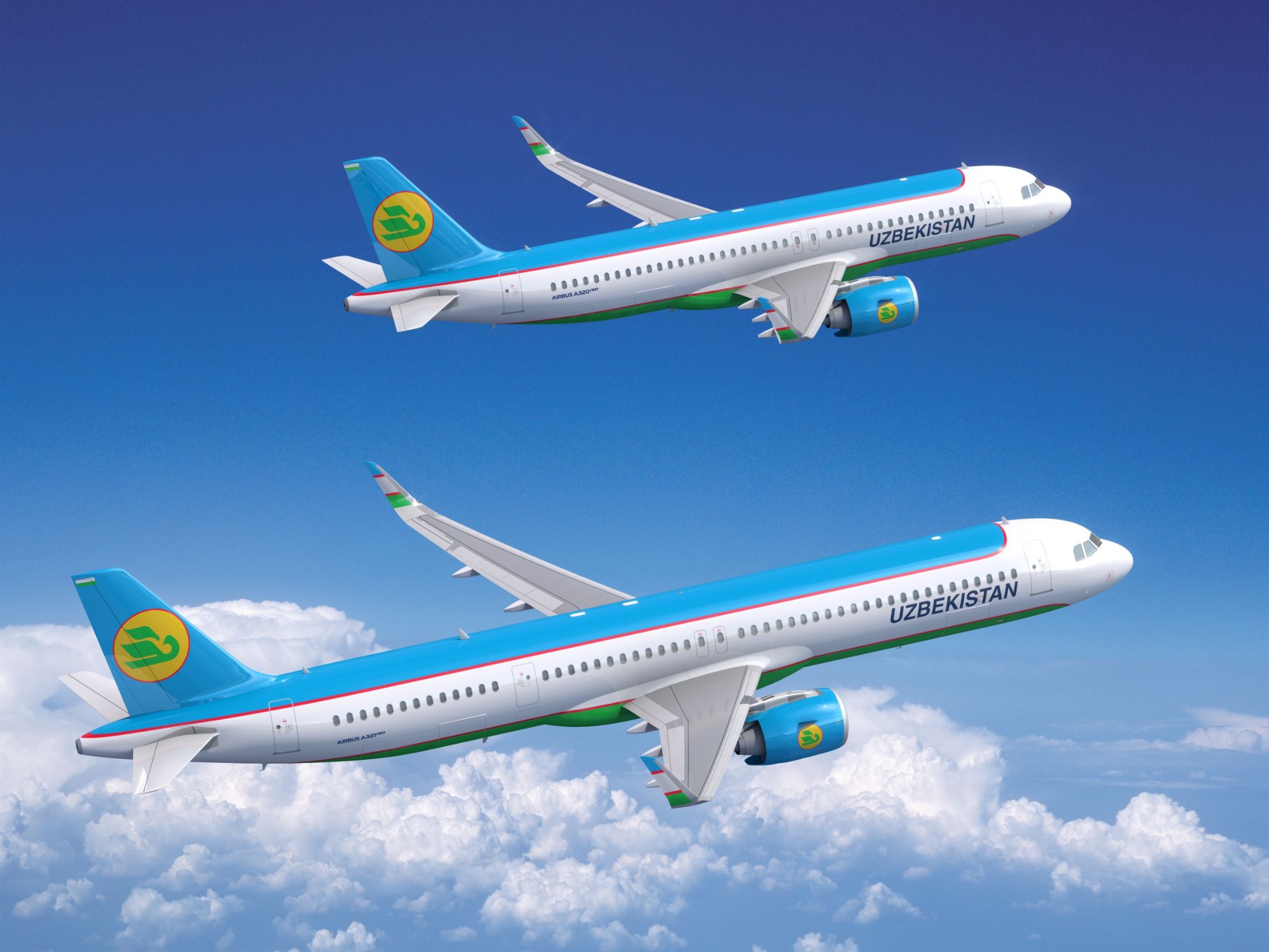 Deux appareils de la famille Airbus A320neo aux couleurs d’Uzbekistan Airways en vol